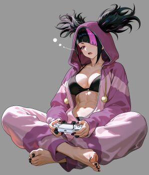 1girl abs absurdres barefoot black_bra black_hair black_nails bra controller grey_background han_juri hashtag-only_commentary highres holding holding_controller hood hooded_jacket jacket multicolored_hair nail_polish purple_eyes simple_background sitting street_fighter street_fighter_6 toenail_polish toenails two-tone_hair underwear unzipped yagi_(joe731842)