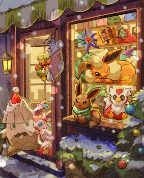 animal_focus bird blue_eyes bow box christmas_stocking christmas_tree closed_mouth colored_skin comfey commentary_request delibird eevee flareon gem gen_1_pokemon gen_2_pokemon gen_4_pokemon gen_6_pokemon gen_7_pokemon gift gift_box gimmighoul gimmighoul_(roaming) green_scarf hat highres holly lantern long_legs matsuri_(matsuike) mega_pokemon mega_starmie nintendo no_eyes no_humans one_eye_closed open_mouth pillow pokemon pokemon_(creature) pokemon_focus purple_skin red_gemstone red_hat ribbon santa_hat scarf smile snover snow snowing starfish starmie sylveon