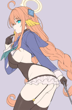 1girl ahoge black_gloves black_leotard black_thighhighs blue_archive blue_shrug braid braided_twintails breasts commentary feather_hair feathers frilled_thigh_strap from_side garter_straps gloves green_neckerchief half_gloves halo halter_leotard halterneck hand_up highres holding holding_riding_crop impossible_clothes impossible_leotard kooriyama_azuki large_breasts leotard long_hair low_twin_braids neckerchief no_eyewear official_alternate_costume open_mouth orange_hair purple_background riding_crop shimiko_(blue_archive) shimiko_(magical)_(blue_archive) shrug_(clothing) sideboob solo super_highleg thigh_strap thighhighs twin_braids yellow_feathers yellow_halo