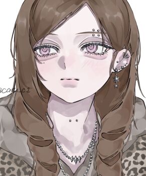 1girl aegyo_sal animal_print brown_hair caru_c1 closed_mouth commentary ear_piercing eyebrow_piercing face_piercing fur-trimmed_jacket fur_trim gyaru highres jacket jewelry leopard_print long_hair looking_to_the_side mole mole_under_eye neck_piercing necklace original parted_bangs piercing pink_eyes portrait simple_background solo symbol-only_commentary white_background