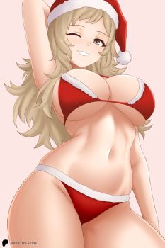 Rule 34 | 1girl, bikini, blonde hair, bra, breasts, fire emblem, fire emblem fates, grey eyes, grin, hayato stuff, highres, large breasts, long hair, looking at viewer, navel, nintendo, one eye closed, ophelia (fire emblem), panties, santa bikini, santa costume, sideboob, smile, solo, swimsuit, teeth, thighs, underboob, underwear