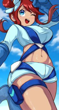 1girl :d ;d blue_boots blue_eyes blue_gloves blue_jacket blue_shorts boots breasts cloud commentary cropped_jacket day gloves hair_ornament hand_up happy highres jacket leg_up looking_up navel nintendo one_eye_closed one_side_up open_mouth outdoors pokemon pokemon_black_and_white pouch red_hair short_shorts shorts sidelocks sky skyla_(pokemon) smile solo takundraws teeth thigh_pouch upper_teeth_only
