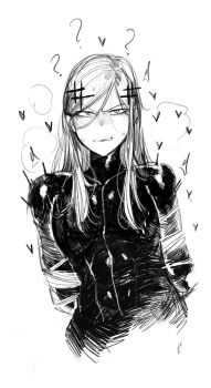 1boy ? angry blush bodysuit clenched_teeth commentary english_commentary hair_ornament heart highres krekkov long_hair looking_at_viewer monochrome one-punch_man senkou_no_flash simple_background sketch solo steam sweat tagme teeth trap upper_body white_background