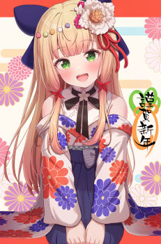 1girl black_bow black_bowtie blonde_hair blue_hakama blue_skirt blush bob_cut bow bowtie commentary_request fang floral_background floral_print flower frilled_shirt frills gradient_hair green_eyes hair_bow hair_flower hair_ornament hakama hakama_skirt hands_on_own_knees highres hololive japanese_clothes kanzashi kimono long_hair looking_at_viewer low-tied_sidelocks momosuzu_nene momosuzu_nene_(new_year) multicolored_hair off_shoulder official_alternate_costume official_alternate_hair_length official_alternate_hairstyle open_mouth pink_hair print_kimono seiza shirt sidelocks sitting skirt smile solo suicabar72 teeth translation_request tsumami_kanzashi upper_teeth_only virtual_youtuber white_kimono white_shirt
