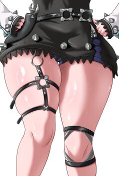 1girl absurdres armanditto close-up commentary english_commentary garter_belt head_out_of_frame highres hololive hololive_dev_is knee_strap leg_focus lower_body o-ring o-ring_garter_belt o-ring_thigh_strap rindo_chihaya shiny_skin simple_background skindentation solo spiked_dress spiked_sleeves standing sweat thick_thighs thigh_focus thigh_strap thighs virtual_youtuber white_background