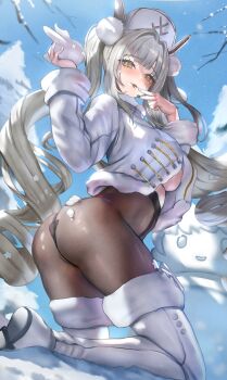 1girl alternate_breast_size_(larger) ass black_panties black_pantyhose blanc_(fortune_express)_(nikke) blanc_(nikke) blue_sky boots breasts character_snowman coat commander_(nikke) commentary_request fur-trimmed_boots fur_trim goddess_of_victory:_nikke grey_hair hat highres himonoata holding holding_snowball kneeling large_breasts long_hair official_alternate_costume official_alternate_hairstyle panties panties_under_pantyhose pantyhose sky snowball snowing solo twintails underboob underwear very_long_hair white_boots white_coat white_hat winter_clothes winter_coat yellow_eyes