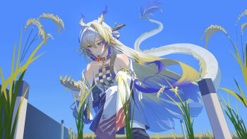 1girl absurdres arknights bead_necklace beads blonde_hair blue_hair breasts closed_mouth collarbone daidai53139 dragon_girl dragon_horns dragon_tail earrings eastern_dragon_horns eastern_dragon_tail gradient_hair green_eyes hair_between_eyes hair_ornament hairpin highres horns jacket jewelry long_hair long_sleeves medium_breasts multicolored_hair necklace pointy_ears revision rice_(plant) shirt shu_(arknights) smile solo strapless strapless_shirt tail tassel tassel_earrings very_long_hair white_hair white_jacket white_shirt