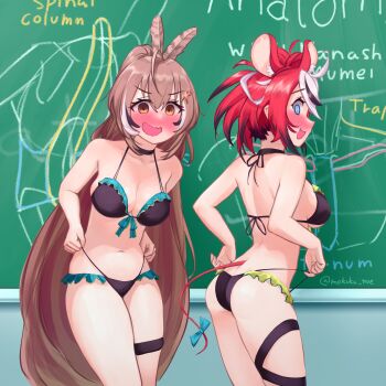 2girls @_@ absurdres ahoge animal_ear_fluff animal_ears ass awkward back bikini bikini_pull black_bikini black_choker blue_eyes blush bow breasts brown_eyes brown_hair chalk chalkboard choker cleavage clothes_pull colored_tips cowboy_shot embarrassed english_text feather_hair_ornament feathers frilled_bikini frills full-face_blush hair_between_eyes hair_ornament hakos_baelz halterneck high_ponytail highres holocouncil hololive hololive_english how_to leaning_forward long_hair looking_at_viewer matching_outfits medium_breasts mokuka_noe mouse_ears mouse_girl mouse_tail multicolored_hair multiple_girls nanashi_mumei nape navel open_mouth ponytail profile red_hair shoulder_blades sideboob sidelocks strap_pull streaked_hair string_bikini surprised swimsuit tail tail_bow tail_ornament underboob very_long_hair virtual_youtuber wavy_mouth