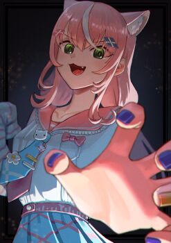 1girl :3 absurdres claw_pose collarbone commentary_request fang foreshortening green_eyes hair_ornament highres long_hair looking_at_viewer magurosamm multicolored_nails nail_polish neckerchief nijisanji pink_hair pink_sailor_collar pleated_skirt sailor_collar shirt skirt solo virtual_youtuber white_shirt white_streaks yang_nari yang_nari_(3rd_costume)