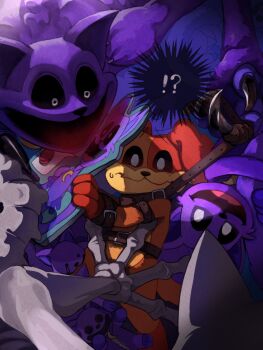 !? 2boys bad_id bad_twitter_id black_sclera catnap_(poppy_playtime) claws closed_mouth colored_sclera commentary dogday_(poppy_playtime) english_commentary furry furry_male highres looking_at_another male_focus multiple_boys open_mouth poppy_playtime prototype_(poppy_playtime) smile sweatdrop taru_8naru wavy_mouth white_eyes