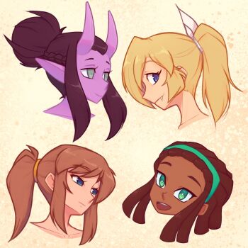 4girls a_hat_in_time aged_up blonde_hair blue_eyes brown_hair closed_mouth collarbone colored_skin commentary cropped_head dullahan english_commentary fang green_eyes green_hairband hair_tie hairband hat_kid highres horns jade_(xyronii) kora_(xyronii) looking_at_viewer medium_hair multiple_girls neck nelly_(xyronii) open_mouth original ponytail purple_skin sidelocks smile teeth upper_teeth_only xyronii yellow_background