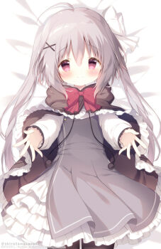 Rule 34 | 1girl, ahoge, bed sheet, blush, bow, brown cloak, brown pantyhose, cloak, closed mouth, commentary, dress, frilled cloak, grey dress, grey hair, hair bow, hair ornament, highres, hood, hood down, hooded cloak, hoshizora tetsudou to shiro no tabi, long hair, long sleeves, looking at viewer, lying, neri (hoshishiro), on back, pantyhose, puffy long sleeves, puffy sleeves, red bow, red eyes, shiratama (shiratamaco), shirt, sleeves past wrists, smile, solo, symbol-only commentary, twintails, very long hair, white bow, white shirt, x hair ornament