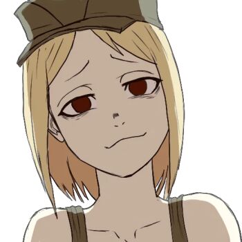Rule 34 | 1girl, bags under eyes, blonde hair, brown eyes, collarbone, crop top, green tank top, head tilt, limestone (artist), looking at viewer, marichka, no jacket, non-web source, original, russo-ukrainian war, short hair, smile, solo, sticker, tank top