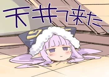 Rule 34 | 1girl, :|, attic, blush, closed mouth, commentary request, fur-trimmed hood, fur trim, hair spread out, hood, indoors, ito ryo, kyoka (halloween) (princess connect!), kyoka (princess connect!), long hair, princess connect!, purple eyes, purple hair, solo, translation request, unamused, yukkuri shiteitte ne