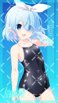 1girl adversarial_noise arm_behind_head arm_up arona_(blue_archive) artist_name bare_shoulders black_one-piece_swimsuit blue_archive blue_background blue_eyes blue_hair blue_halo bow_hairband braid breasts character_name collarbone colored_inner_hair competition_school_swimsuit contrapposto covered_navel cowboy_shot eyes_visible_through_hair flat_chest gradient_background hair_between_eyes hair_over_one_eye hair_ribbon hairband halo highres inaba_shiki loli looking_at_viewer multicolored_hair one-piece_swimsuit open_mouth pink_hair ribbon school_swimsuit short_hair signature single_braid small_breasts smile solo standing swimsuit thighs watermark watermark_grid white_hairband