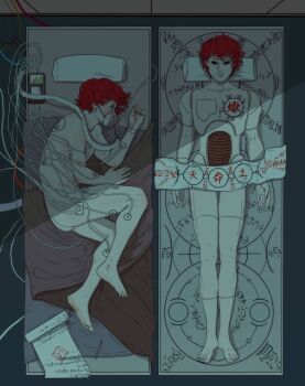 1boy barefoot empty_eyes evartandadam fetal_position from_above lying male_focus marionette naruto_(classic) naruto_(series) naruto_shippuuden nude on_back on_side operating_table oxygen_mask pillow puppet red_hair sasori_(naruto) scroll sensor shadow table wire
