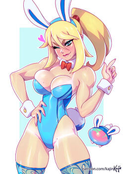 1girl artist_name blonde_hair blue_eyes hair_between_eyes hand_on_own_hip kajin_(kajinman) long_hair looking_at_viewer metroid metroid_(creature) nintendo one_eye_closed playboy_bunny ponytail rabbit_ears rabbit_tail samus_aran shiny_skin smug standing wink