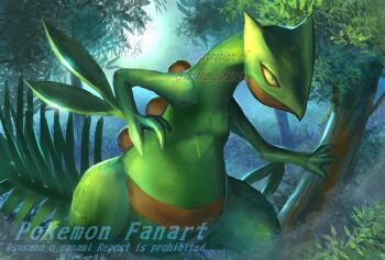 colored_sclera forest gen_3_pokemon grass leaf moon moonlight nanami_lusia nature night nintendo no_humans outdoors pokemon pokemon_(creature) pokemon_focus sceptile solo tail tree yellow_eyes