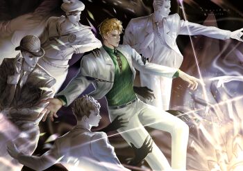 Rule 34 | absurdres, amaripma, anchor symbol, artist name, belt, belt buckle, black hair, black suit, blonde hair, bowler hat, buckle, commentary, dead man's questions, diamond wa kudakenai, disembodied hand, english commentary, formal clothes, green shirt, hat, highres, jojo no kimyou na bouken, jojolion, kawajiri kosaku, kira yoshikage, kira yoshikage (bites the dust), kira yoshikage (jojolion), lips, multicolored hair, multiple persona, necktie, nose, pants, pixiv username, sailor hat, shirt, spiked hair, streaked hair, suit, wavy bangs, white hair, white pants, white suit