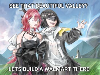 2girls :d arknights arknights:_endfield bare_shoulders black_coat black_gloves black_hair black_horns cloud coat commentary cowboy_shot demon_horns drixonfire endministrator_(arknights) english_commentary english_text female_endministrator_(arknights) field furrowed_brow gloves grass grey_sweater hair_between_eyes hand_on_another's_arm hand_up highres horns laevatain_(arknights) long_hair long_sleeves meme mountainous_horizon multiple_girls open_clothes open_coat open_mouth outdoors purple_eyes red_hair ribbed_sweater short_hair smile standing surtr_(arknights) sweater teeth upper_teeth_only wide-eyed x_x_everywhere_(meme)