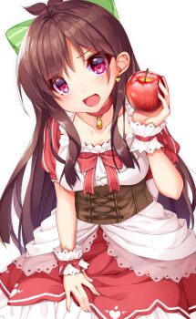 Rule 34 | 1girl, apple, arm up, bow, breasts, brown hair, chikuwabuta, choker, collarbone, commentary request, dress, earrings, eyes visible through hair, female focus, food, fruit, hair bow, head tilt, heart, heart earrings, highres, holding, holding food, holding fruit, idolmaster, idolmaster cinderella girls, jewelry, layered dress, leaning, long hair, looking at viewer, medium breasts, neck ribbon, open mouth, pendant, puffy short sleeves, puffy sleeves, red choker, red eyes, red ribbon, ribbon, short sleeves, sidelocks, simple background, slit pupils, solo, striped bow, tsujino akari, underbust, very long hair, white background, wrist cuffs