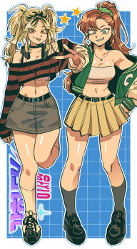 Rule 34 | 2girls, absurdres, belt, black belt, black choker, black shoes, blonde hair, breasts, brown hair, brown skirt, choker, cleavage, closed mouth, collarbone, commentary, ear piercing, fang, green eyes, green jacket, grey socks, grin, hair ornament, hair scrunchie, headphones, highres, jacket, jewelry, letterman jacket, long hair, long sleeves, looking at viewer, margare, medium breasts, multicolored hair, multiple girls, navel, necklace, open clothes, open jacket, open mouth, original, piercing, pleated skirt, ponytail, red eyes, roots (hair), scrunchie, shoes, sidelocks, single bare shoulder, skirt, smile, sneakers, socks, symbol-only commentary, teeth, tongue, tongue out, twintails, v, white socks