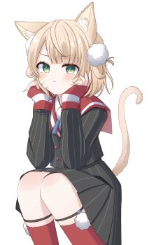 &gt;:( 1girl absurdres animal_ears blonde_hair blue_ribbon blunt_bangs blush cat_ears cat_girl cat_tail collared_shirt commentary dress_shirt elbows_on_knees feet_out_of_frame green_eyes grey_jacket grey_skirt hair_ornament hair_rings hands_on_own_cheeks hands_on_own_face head_rest highres indie_virtual_youtuber invisible_chair jacket kemonomimi_mode knee_blush kneehighs legwear_garter long_sleeves miniskirt motimotiomoti723 neck_ribbon no_headwear pinstripe_jacket pinstripe_pattern pinstripe_skirt pleated_skirt pom_pom_(clothes) pom_pom_hair_ornament red_sailor_collar red_socks ribbon sailor_collar school_uniform shigure_ui_(vtuber) shigure_ui_(vtuber)_(1st_costume) shirt short_hair side_part side_up_ring simple_background sitting skirt sleeve_cuffs socks solo swept_bangs tail v-shaped_eyebrows virtual_youtuber white_background white_shirt