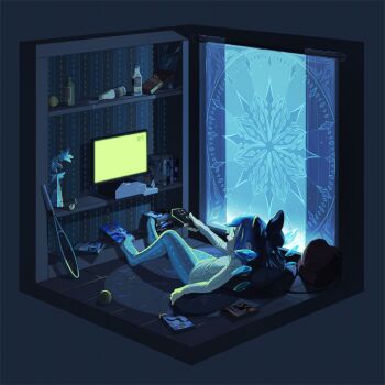 1girl aged_up alternate_costume animated animated_gif ball blue_bow blue_eyes blue_hair bottle bow cirno controller female_focus flower glasses hair_bow ice ice_wings indoors loftyanchor long_hair long_sleeves lying on_back pixel_art racket remote_control short_hair solo sweater television tennis_ball tennis_racket touhou vase wings