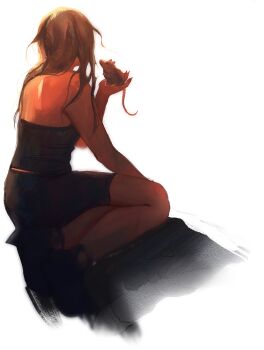 Rule 34 | 1girl, angela he, animal, animal on hand, backlighting, black shorts, black tube top, facing away, from below, full body, grey hair, hand up, highres, long hair, mouse (animal), non-web source, official art, seiza, shorts, sitting, solo, stop burying me alive beautiful!, strapless, tube top