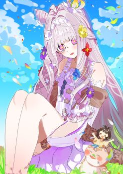 1girl bare_shoulders blush brown_hair closed_eyes commentary_request cone_hair_bun dress fate/grand_order fate_(series) flora_(fate) hair_bun highres long_hair looking_at_viewer open_mouth short_hair white_dress white_hair yuritoame