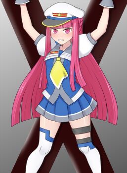 arms_up asymmetrical_legwear bdsm bemani blue_serafuku blunt_bangs blunt_ends blunt_sidelocks blush bondage bound braid crucifixion gradient_background grey_background grey_sailor_collar grimace hat highres long_hair looking_at_viewer neckerchief peaked_cap pink_eyes pink_hair pleated_skirt pop&#039;n_music puffy_sleeves restrained sailor_collar sawamura_(sawamura0510) school_uniform serafuku sidelocks simple_background skirt spread_eagle_position st._andrew&#039;s_cross sumire_(pop&#039;n_music) sweat thigh_strap thighhighs very_long_hair white_thighhighs yellow_neckerchief