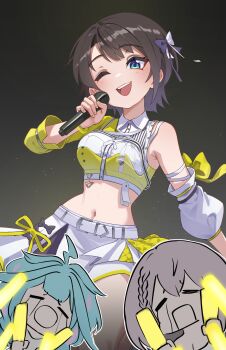 3girls :d ;d absurdres asymmetrical_sleeves belt black_hair blue_eyes bow breasts center_frills collared_shirt commentary cropped_shirt detached_sleeves english_commentary frills glowstick gradient_background grey_background hair_bow hakimen highres holding holding_glowstick holding_microphone hololive hololive_dev_is hololive_idol_uniform_(color_rise) idol_clothes medium_breasts microphone miniskirt mismatched_sleeves mizumiya_su multicolored_shirt multiple_girls navel official_alternate_costume one_eye_closed oozora_subaru open_mouth puffy_detached_sleeves puffy_short_sleeves puffy_sleeves shirogane_noel shirt short_hair short_sleeves simple_background single_detached_sleeve single_sleeve skirt smile stomach swept_bangs teeth upper_teeth_only virtual_youtuber white_belt white_shirt white_skirt yellow_shirt