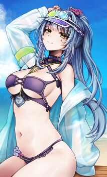 1girl absurdres beach between_breasts bikini blue_flower blue_hair blue_sky breasts closed_mouth cloud commentary countdown_timer cross-laced_bikini cross-laced_clothes english_commentary eyewear_on_head flower furuca girls&#039;_frontline girls&#039;_frontline_2:_exilium green_eyes hair_flower hair_ornament highres hk416_(girls&#039;_frontline) jacket klukai_(cerulean_breaker)_(girls&#039;_frontline_2) klukai_(girls&#039;_frontline_2) long_hair looking_at_viewer navel ocean official_alternate_costume open_clothes open_jacket pink_flower ponytail purple_bikini see-through_clothes see-through_jacket sidelocks single_off_shoulder sitting sky smile solo stomach swimsuit tattoo teardrop_facial_mark teardrop_tattoo visor_cap