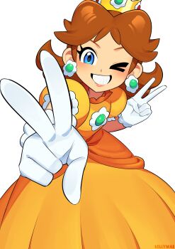 &gt;_o 1girl absurdres artist_name ball_gown blue_eyes brooch brown_hair commentary_request crown double_v dress earrings flipped_hair flower_brooch flower_earrings frilled_gloves frills gloves gold_crown grin highres jewelry kellymae long_dress mario_(series) medium_hair nintendo one_eye_closed orange_dress parted_bangs pointed_crown princess princess_daisy puffy_short_sleeves puffy_sleeves short_sleeves smile solo v white_gloves yellow_dress