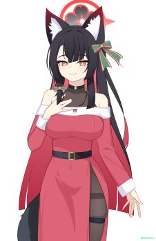 1girl absurdres alternate_costume animal_ears bare_shoulders belt black_belt black_hair black_halo black_pantyhose blue_archive bodysuit bow breasts commentary_request dress eyeshadow fox_ears fox_girl fox_tail hair_bow halo hand_on_own_chest hand_up highres long_hair looking_at_viewer makeup medium_breasts multicolored_hair off-shoulder_dress off_shoulder pantyhose red_dress red_eyeshadow red_hair red_halo santa_costume santa_dress siranui_desu skindentation smile solo standing tail thigh_strap thighs two-tone_hair very_long_hair wakamo_(blue_archive) yellow_eyes