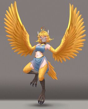 1girl absurdres bare_shoulders blonde_hair breasts cipher4109 crop_top dokibird fang fang_out full_body green_eyes harpy highres indie_virtual_youtuber medium_breasts midriff monster_girl mouth_veil short_hair skirt sleeveless smile solo spread_wings talons veil virtual_youtuber winged_arms wings