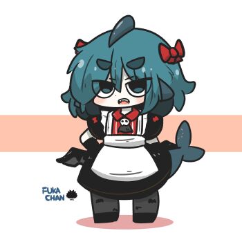 1girl apron black_dress black_gloves black_shoes blue_eyes blue_hair blush bow brown_background character_name chibi collared_shirt colored_shadow commentary_request dress fins fish_tail fuka-chan full_body gloves grey_pantyhose grey_wings hair_between_eyes hair_bow highres looking_at_viewer low_wings open_mouth original pantyhose red_bow red_shirt sea_urchin shadow shark_tail sharp_teeth shirt shoes short_eyebrows short_sleeves solo standing striped_clothes striped_shirt tail teeth thick_eyebrows two-tone_background uni_souchou vertical-striped_clothes vertical-striped_shirt white_apron white_background wings