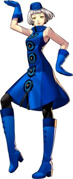 1girl blue_boots blue_dress blue_gloves boots dress elizabeth_(persona) full_body gloves hat official_art pantyhose persona persona_3 persona_3:_dancing_moon_night persona_dancing simple_background sleeveless sleeveless_dress soejima_shigenori solo third-party_source transparent_background white_hair yellow_eyes