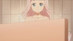 1girl animated anime_screenshot bath bathroom blue_eyes blue_one-piece_swimsuit blunt_bangs bouncing_breasts breasts cleavage door fujiwara_chika highres kaguya-sama_wa_kokurasetai_~tensai-tachi_no_renai_zunousen~ large_breasts long_hair nipples nude_filter one-piece_swimsuit open_mouth pink_hair sideboob strap_pull swimsuit third-party_edit undressing video wet