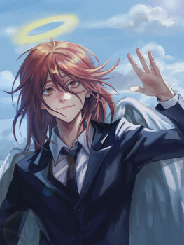 1boy absurdres angel_devil_(chainsaw_man) angel_wings black_necktie chainsaw_man collared_shirt commentary_request hair_between_eyes halo highres jacket long_hair male_focus necktie shirt smile solo staryoruu suit_jacket traditional_halo upper_body white_shirt white_wings wings yellow_eyes