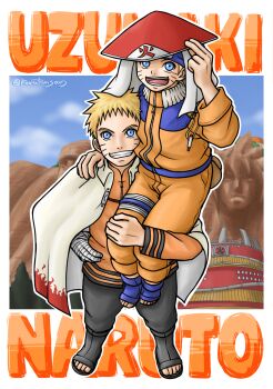 2boys bandaged_arm bandages blonde_hair blue_eyes blue_headband boots boruto:_naruto_next_generations building cape carrying carrying_person character_name collared_cape commentary_request dual_persona forehead_protector grin hand_on_own_hip hat headband highres hokage jacket karutonsan male_focus multiple_boys naruto_(classic) naruto_(series) open-toe_boots open-toe_shoes open_mouth orange_jacket orange_pants pants signature sitting_on_shoulder smile uzumaki_naruto white_cape