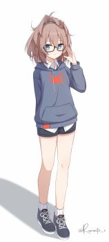 Rule 34 | 1girl, absurdres, alternate costume, aticsanir, bespectacled, black shoes, black shorts, blue eyes, brown hair, collared shirt, commentary request, crab print, full body, glasses, grey sweater, highres, hood, hooded sweater, kantai collection, long hair, sheffield (kancolle), shirt, shoes, shorts, sneakers, solo, standing, sweater