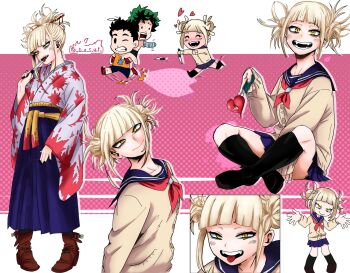 1girl artist_self-insert ascot bags_under_eyes blonde_hair blood bloody_knife blue_skirt blunt_bangs blush boku_no_hero_academia boots breasts chasing chibi dashi_(dashiart) double_bun fangs fleeing hair_bun hair_ornament hairpin heart highres holding holding_knife holding_weapon indian_style jacket japanese_clothes kimono knife licking licking_blade long_skirt looking_at_viewer medium_breasts medium_hair messy_hair midoriya_izuku miniskirt multiple_views nose_blush open_mouth pleated_skirt red_ascot sailor_collar sash sidelocks sitting skirt smile stabbed_heart standing toga_himiko tongue tongue_out twitter_username weapon yellow_eyes