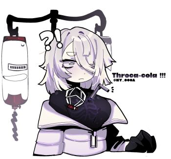 Rule 34 | !?, 1girl, breasts, character name, chibi, claws, down jacket, drinking straw, e.g.o (project moon), faust (project moon), grey eyes, hair over one eye, highres, jacket, limbus company, medium breasts, medium hair, ny 000a, pale skin, project moon, signature, skinsuit, speech bubble, straitjacket, thoracalgia (e.g.o), water tank, white hair