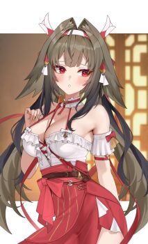 1girl animal_ears armband bare_shoulders blush bow breasts brown_hair cleavage collar collarbone commentary_request cross-laced_clothes cross-laced_top droopy_ears eyeliner frilled_armband frilled_collar frilled_shirt frills hair_ornament headband high-waist_skirt highres large_breasts long_hair long_skirt looking_at_viewer makeup matrix16 multicolored_hair official_alternate_costume open_mouth red_eyeliner red_eyes red_ribbon ribbon shirt skirt smile streaked_hair tail very_long_hair white_armband white_shirt ye_shunguang ye_shunguang_(touch_of_dawnlight) zenless_zone_zero