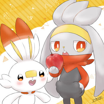 apple arms_at_sides artist_name commentary diagonal_stripes food fruit gen_8_pokemon hand_in_pocket highres holding holding_food holding_fruit looking_at_food looking_away nao_me_mo nintendo no_humans open_mouth orange_eyes pokemon pokemon_(creature) raboot scorbunny smile striped teeth upper_teeth_only