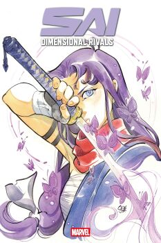 1girl absurdres blue_eyes bug butterfly butterfly-shaped_pupils comic_cover company_name copyright_name cover cover_page demon_days_(marvel) english_text gloves highres holding holding_sword holding_weapon insect japanese_clothes katana logo long_hair marvel marvel_rivals official_art peach_momoko psylocke psylocke_(sai) purple_butterfly purple_hair red_scarf sarashi scarf solo sword symbol-shaped_pupils upper_body weapon x-men