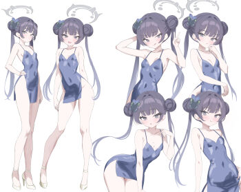 1girl absurdres black_hair blue_archive blush breasts butterfly_hair_ornament double_bun dress full_body hair_bun hair_ornament halo highres kisaki_(blue_archive) looking_at_viewer runarie small_breasts standing twintails