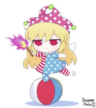 Rule 34 | 1girl, american flag, american flag dress, american flag legwear, american flag pants, american flag print, american flag shirt, balancing, ball, beachball, blonde hair, check commentary, chibi, chibi only, clownpiece, commentary request, dated, deformed, dounaga nuko, dress, fairy wings, flag print, frills, fumo (doll), hat, highres, holding, holding torch, jester cap, long hair, motion lines, neck ruff, pants, pantyhose, polka dot, polka dot headwear, print pants, print shirt, purple hat, red eyes, shirt, short sleeves, signature, simple background, smile, solo, standing, standing on one leg, star (symbol), star print, striped clothes, striped dress, striped pantyhose, torch, touhou, white background, wings