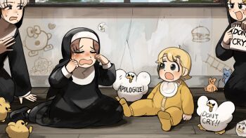 4girls aged_down angry baby baby_animal bib bird black_shoes blonde_hair blue_eyes blush body_writing brown_hair chicken closed_eyes clumsy_nun_(diva) commentary crying diva_(hyxpk) duck duckling english_commentary english_text graffiti grey_hair highres holding holding_notepad hungry_nun_(diva) little_nuns_(diva) mole mole_on_cheek mole_under_mouth mouse_(animal) multiple_girls note notepad nun pointing shoes smug_nun_(diva) strict_nun_(diva) tearing_up tears traditional_nun